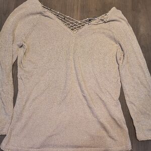 Chic Beige Long Sleeve Women's Top with Net Detail